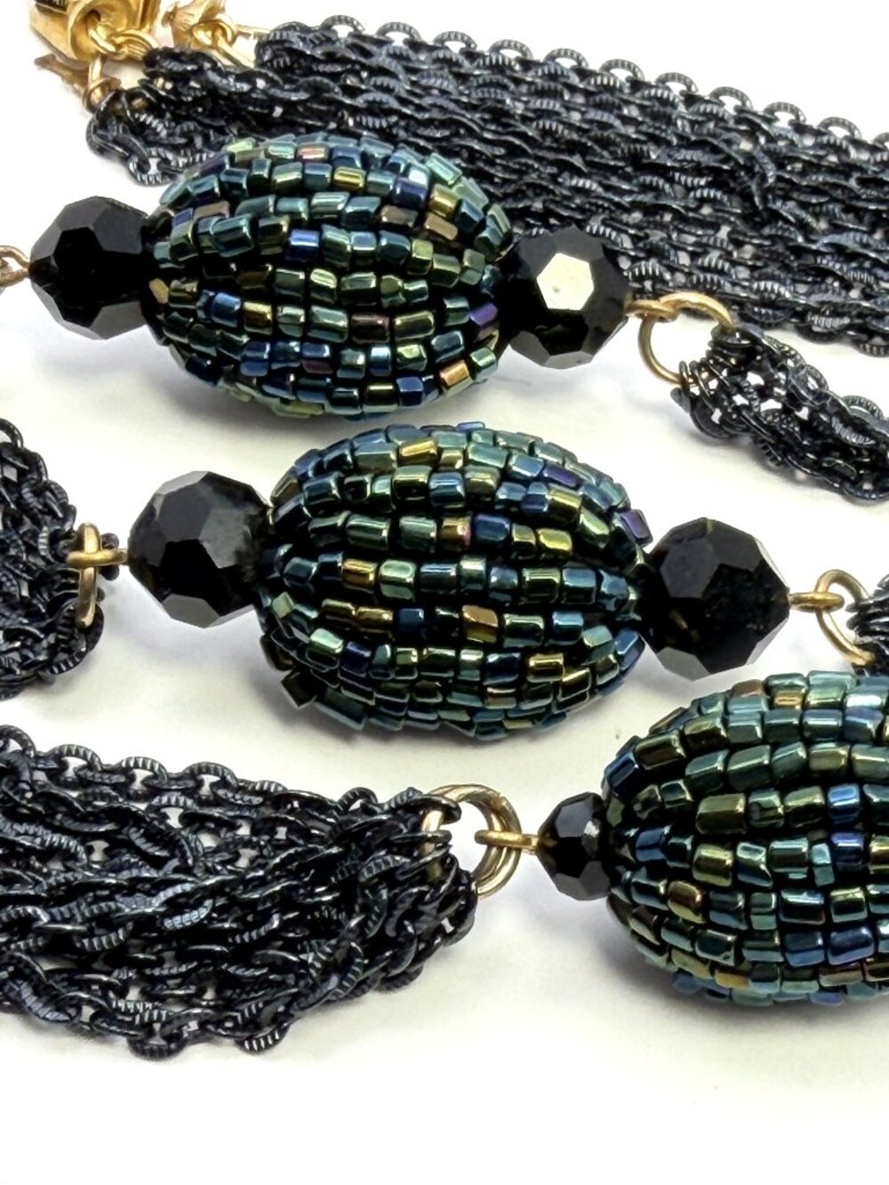 Vintage Crown Trifari Y-drop Necklace Black Multistrand Peacock Bead 31”